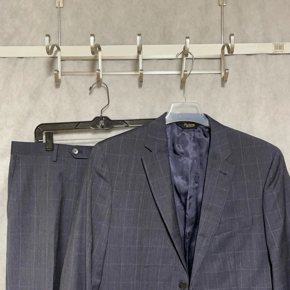 Jos A Bank Suit Men 40R 38R Blue Plaid Slim 2B Signature Gold Flannel Wool 32X28